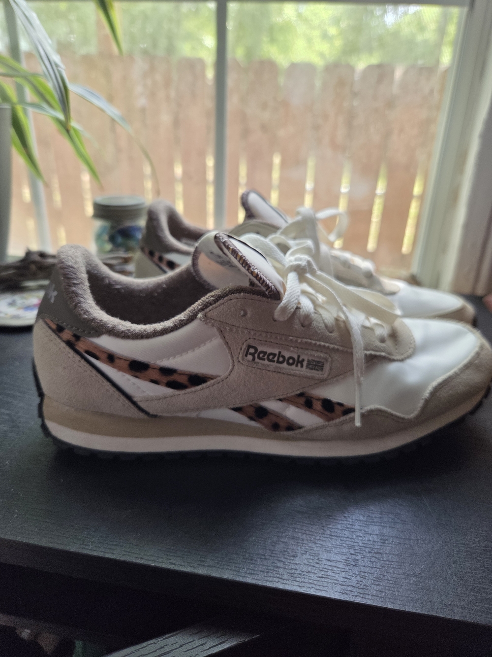 Reebok Classic Low-Top Sneakers in White & Taupe with Leopard Accent